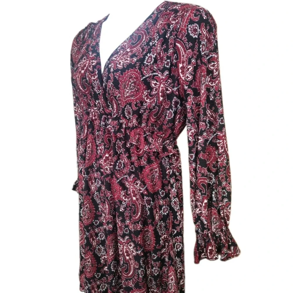 NWT Michael Michael Kors Black Maroon Paisley Faux Wrap Ruffle Sleeves Dress L - Picture 2 of 6